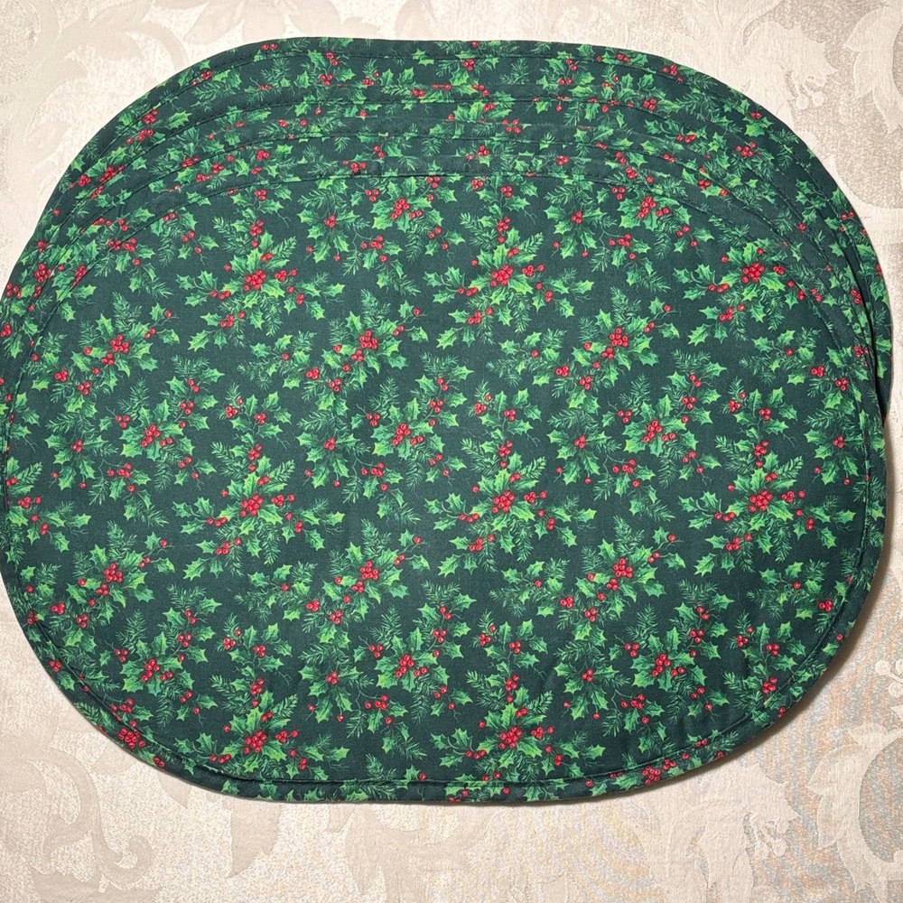 Festive Green and Red Holly Design Placemats. Set of 4 - Holiday Decor